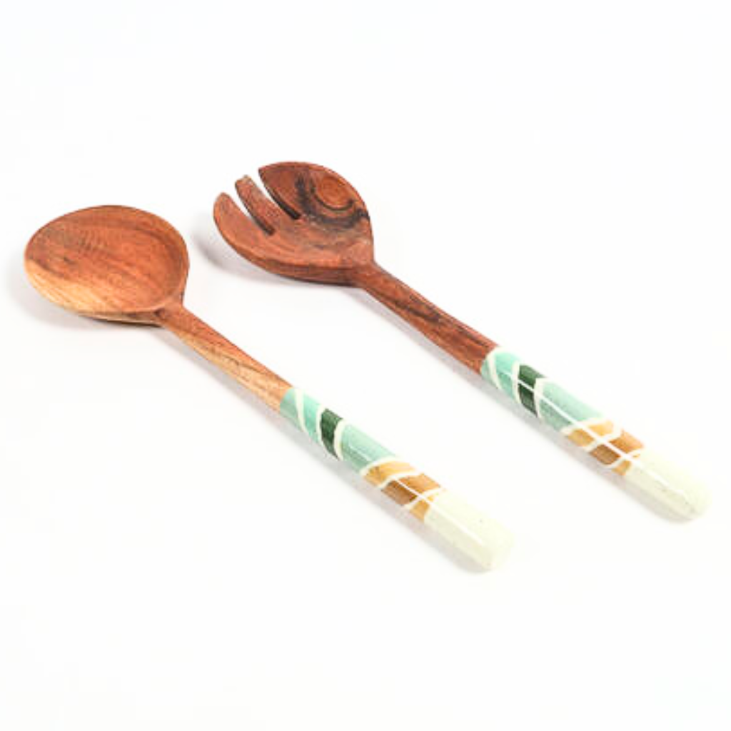 Enameled Wood Geometric Salad Servers (set of 2)