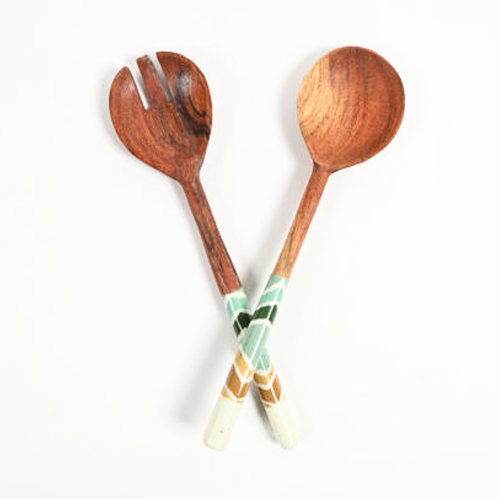 Enameled Wood Geometric Salad Servers (set of 2)