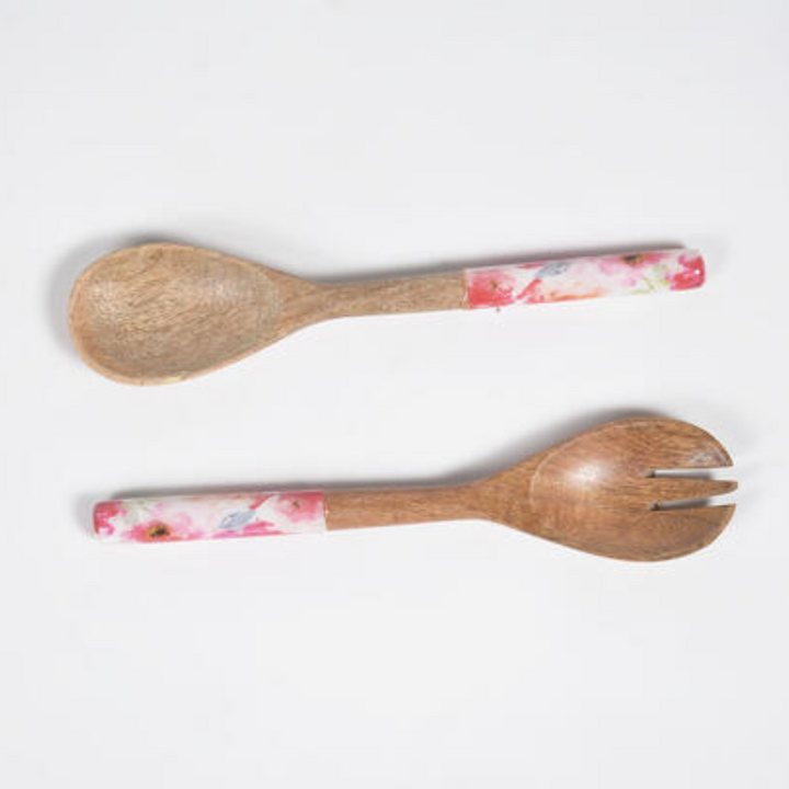 Floral Enameled Wood Salad Servers