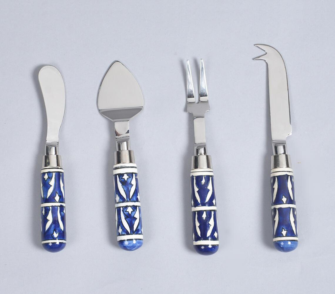 blue ceramic hand painted cheese knife set